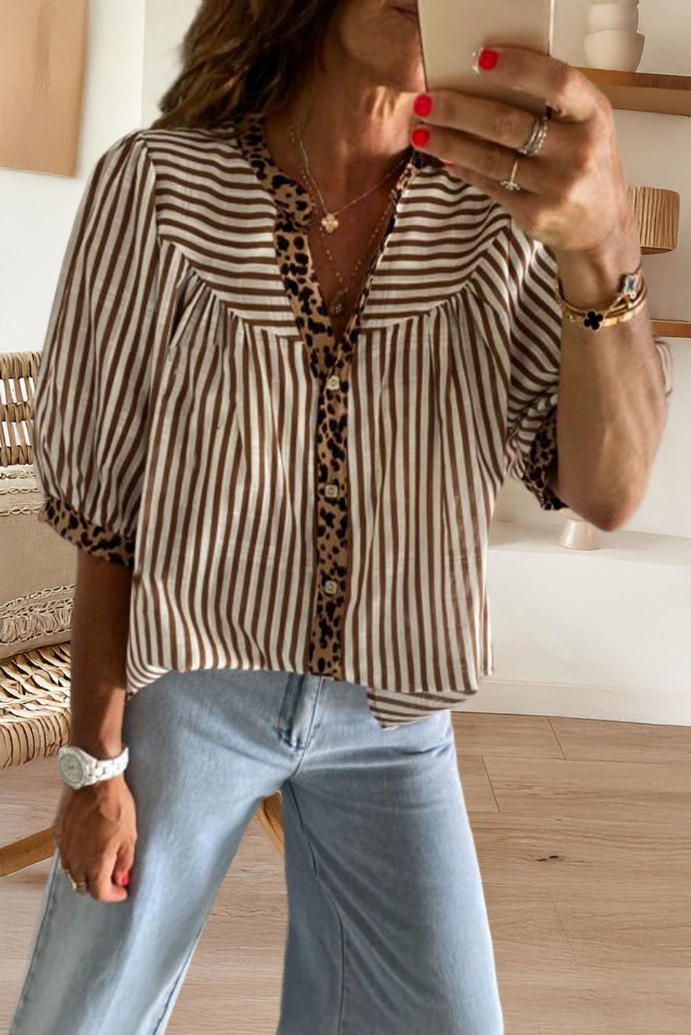 Leopard Trim Button Down Stripe Half Sleeve Shirt (S-XL)