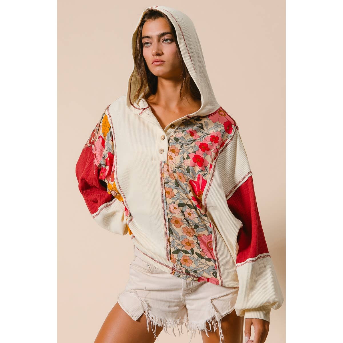 KNIT AND PRINT MIXED HOODIE TOP
