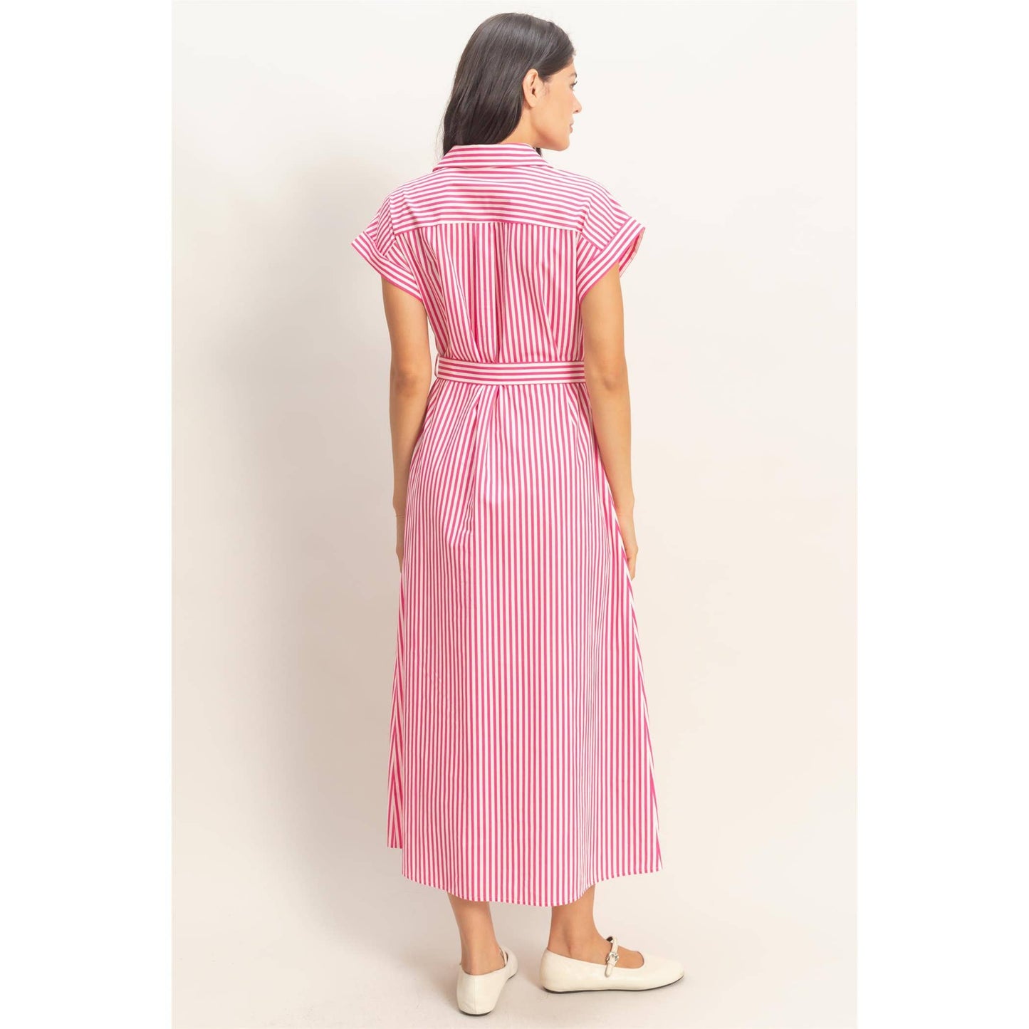 Double Zero Striped Poplin Belted Shirt Dress With Pockets Pink