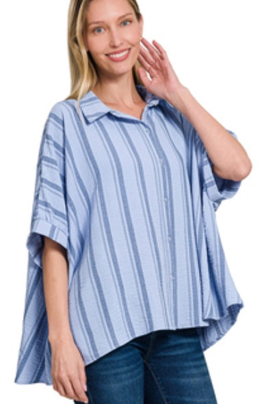 Zenana Woven Yarn-Dye Stripe Oversized Button Down Shirt Blue