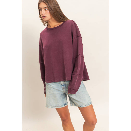 Double Zero Mineral Wash Overzised Raw Edge Crew Neck Top