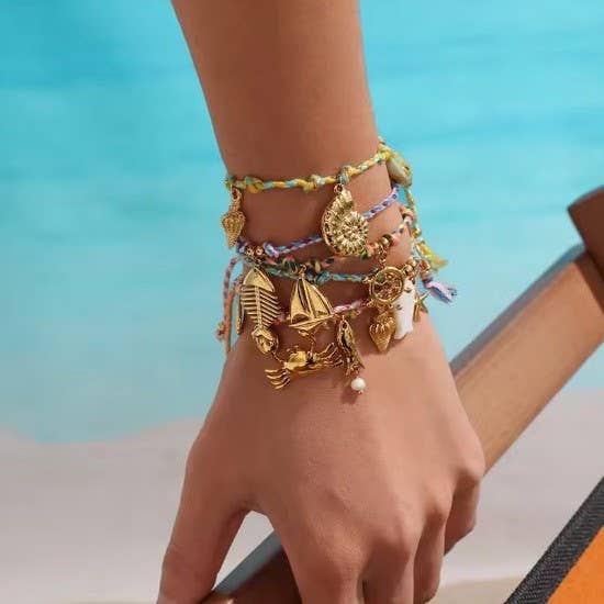 18K STAINLESS STEEL CORDED CHARM BRACELET
