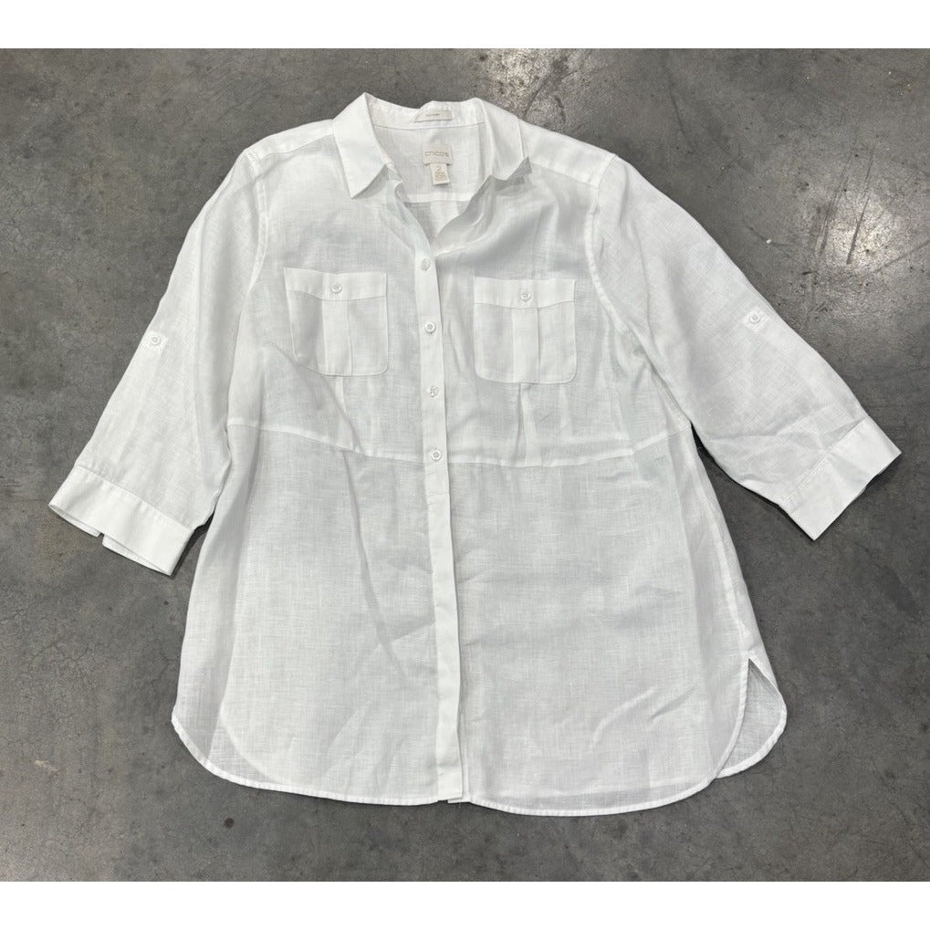 Chico's No-Iron Top Women's Linen Button-Up Shirt 3/4 Sleeve Top White Size 2