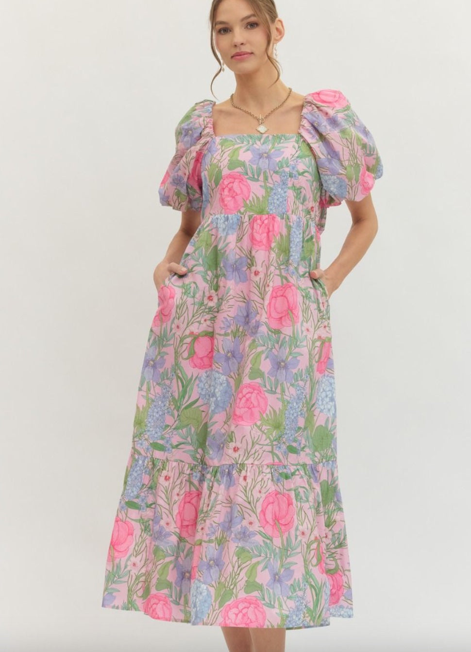 Entro Floral Print Short Puff Sleeve Midi Dress with bow back