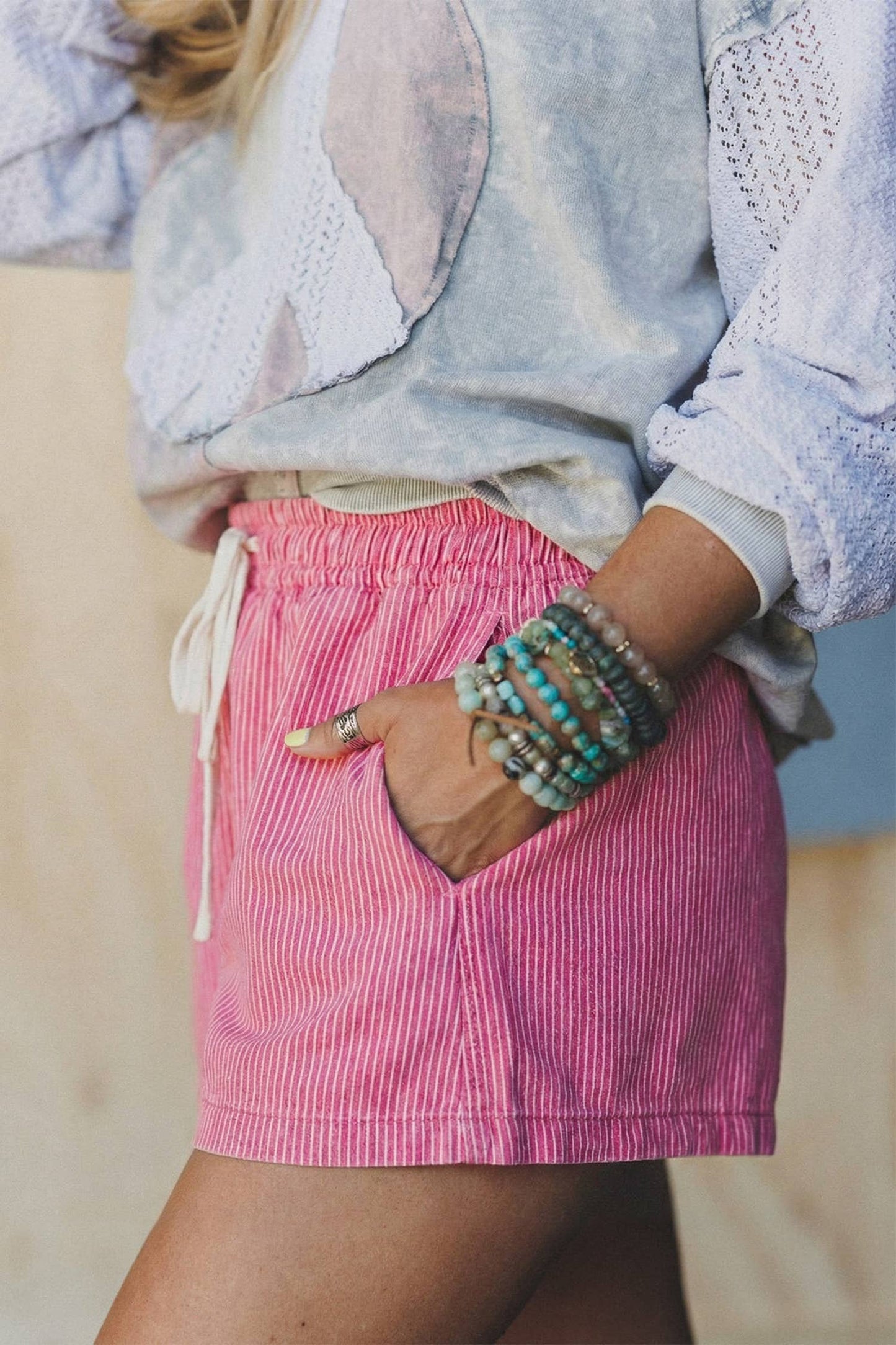 Stripe Elastic Waist Casual Denim Shorts