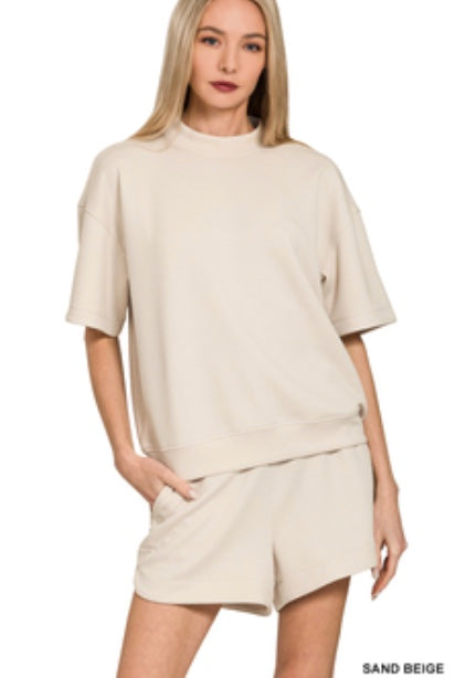 Zenana Scuba High Neck Top & Dolphin Short Set - Sand Beige