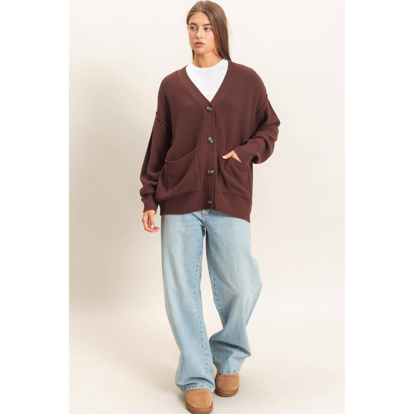 Textured Oversized Knit Buttoned Cardigan