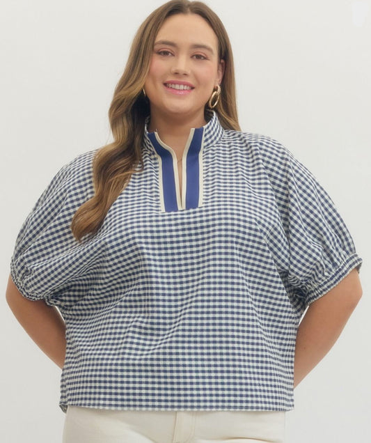 Entro Plus Size Gingham Short Dolman Sleeve Top V-Neck