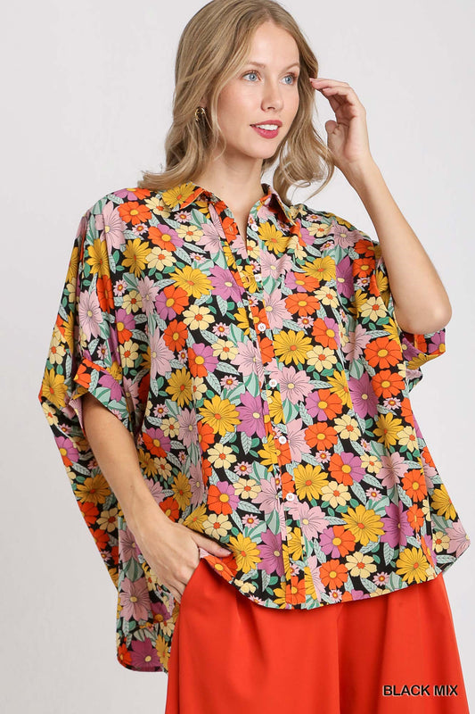Umgee Flower Print Boxy Cut Button Down Collared Top with Short Dolman Sleeve