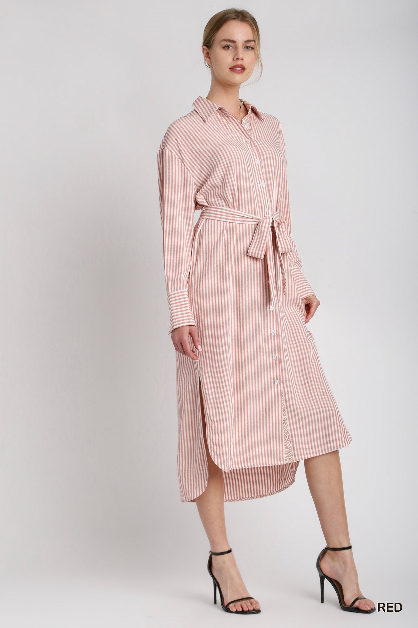 Umgee Stripe Button Down Shirt Dress Red Stripe