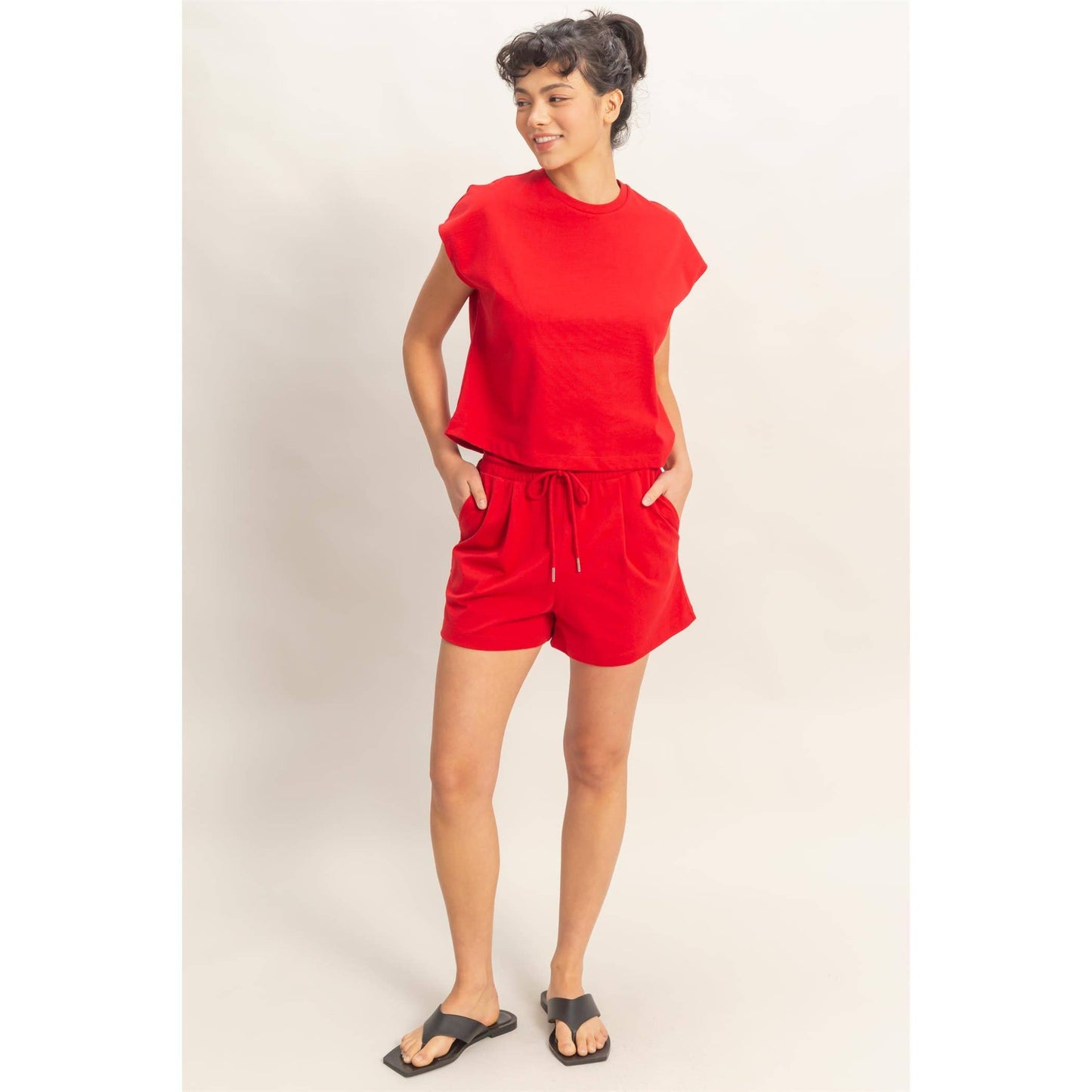 Double Zero Cap Sleeve Boxy Top And Shorts Set Red