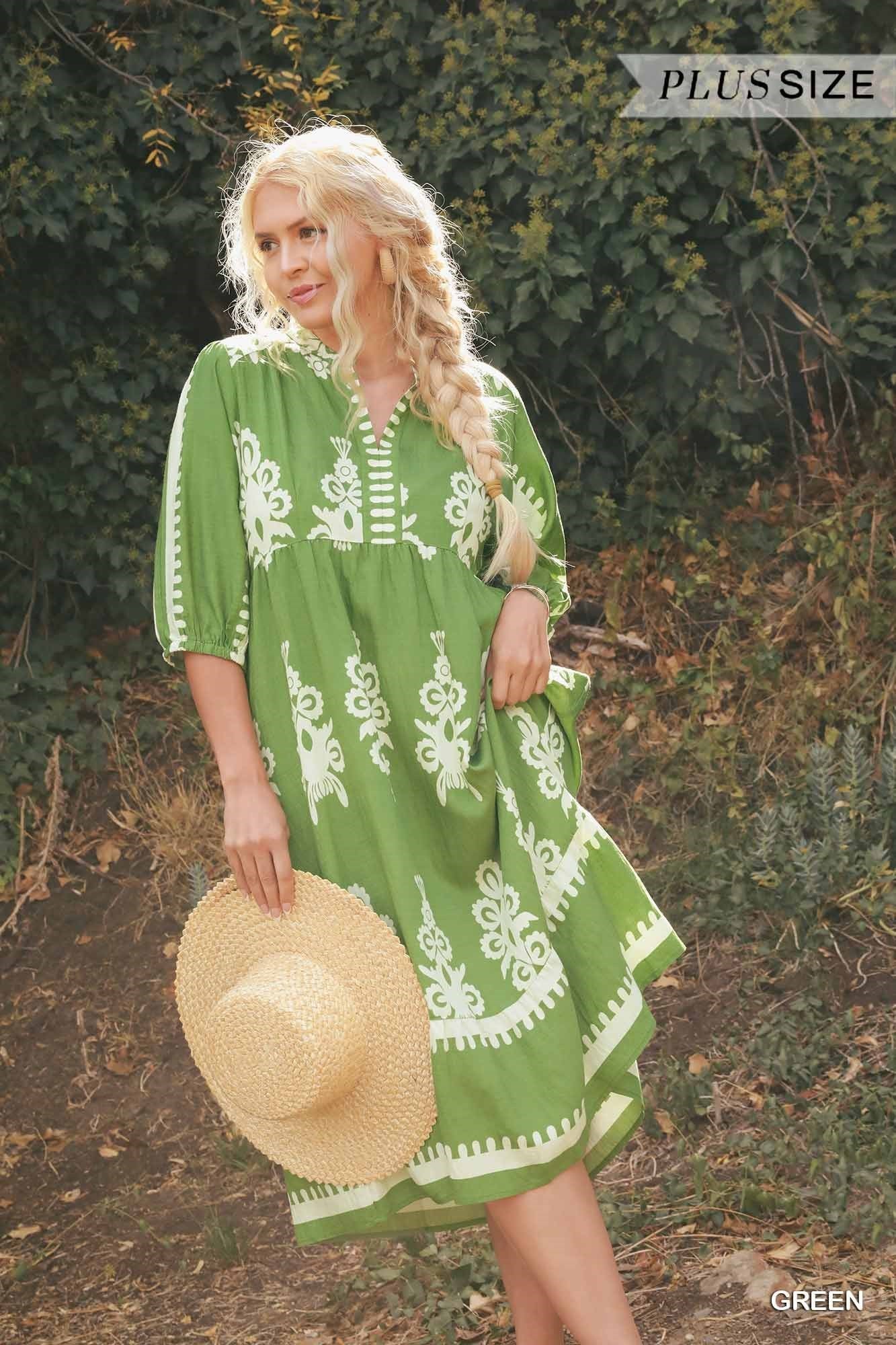 Umgee Abstract Print Midi Dress Plus Green