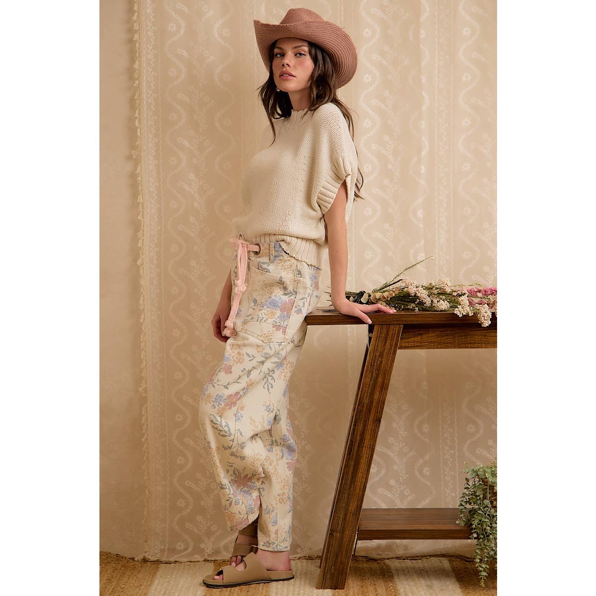 WOMEN VINTAGE WASHED FLORAL COTTON DRAWSTRING PANTS