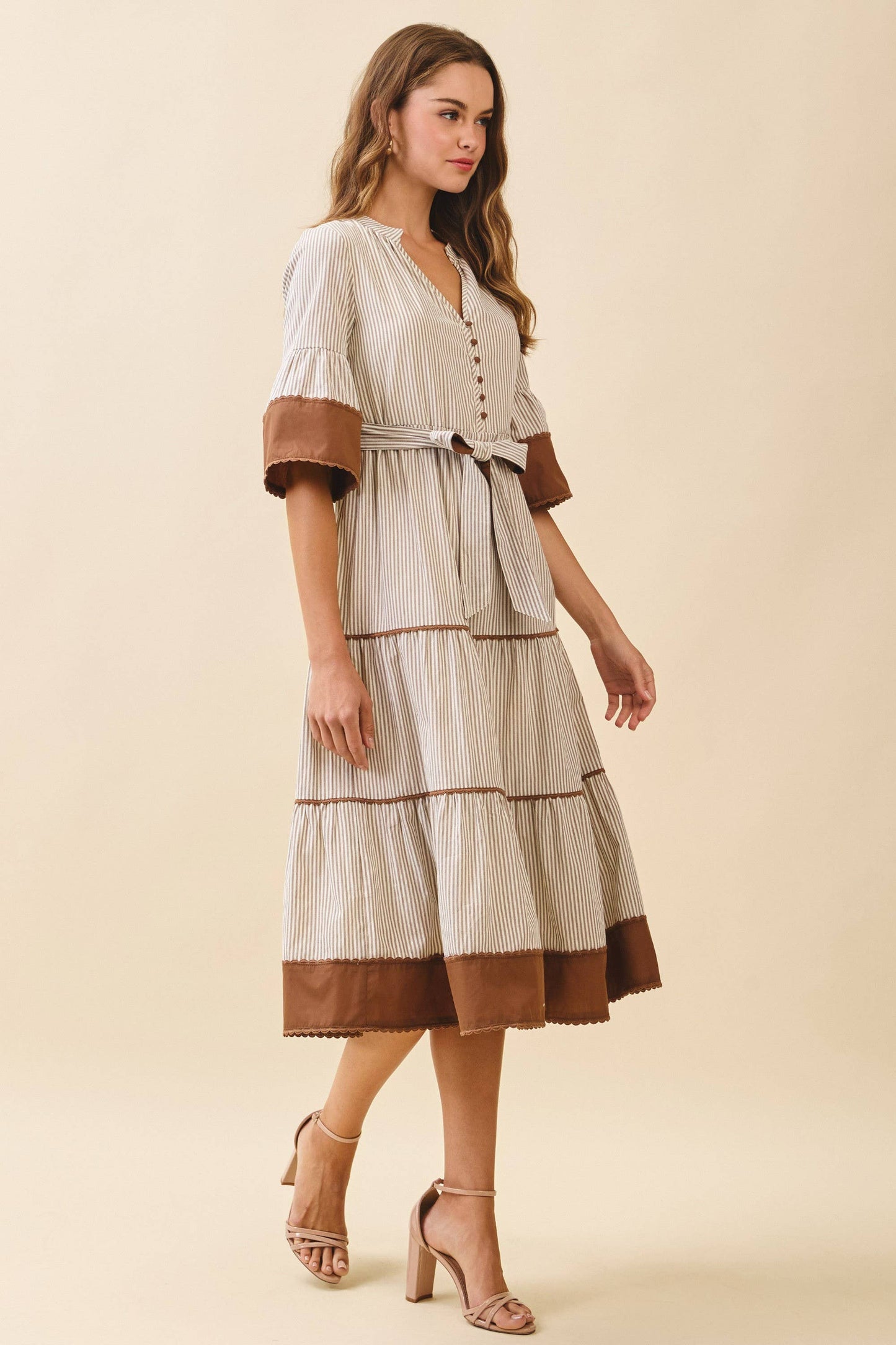 CD06192-Striped Split Neck Contrast Trim Detail Midi Dress
