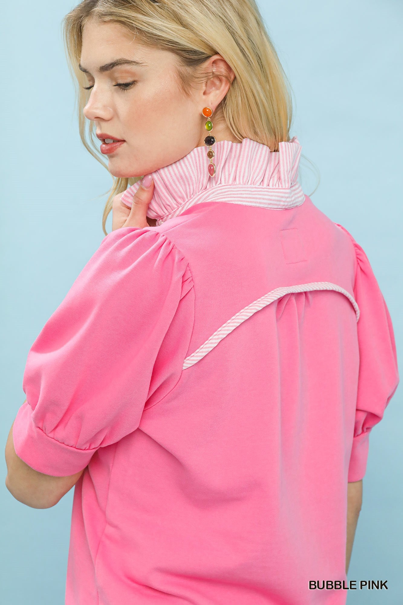 Umgee Vibrant Top with Contrast Striped Collar Detial Pink