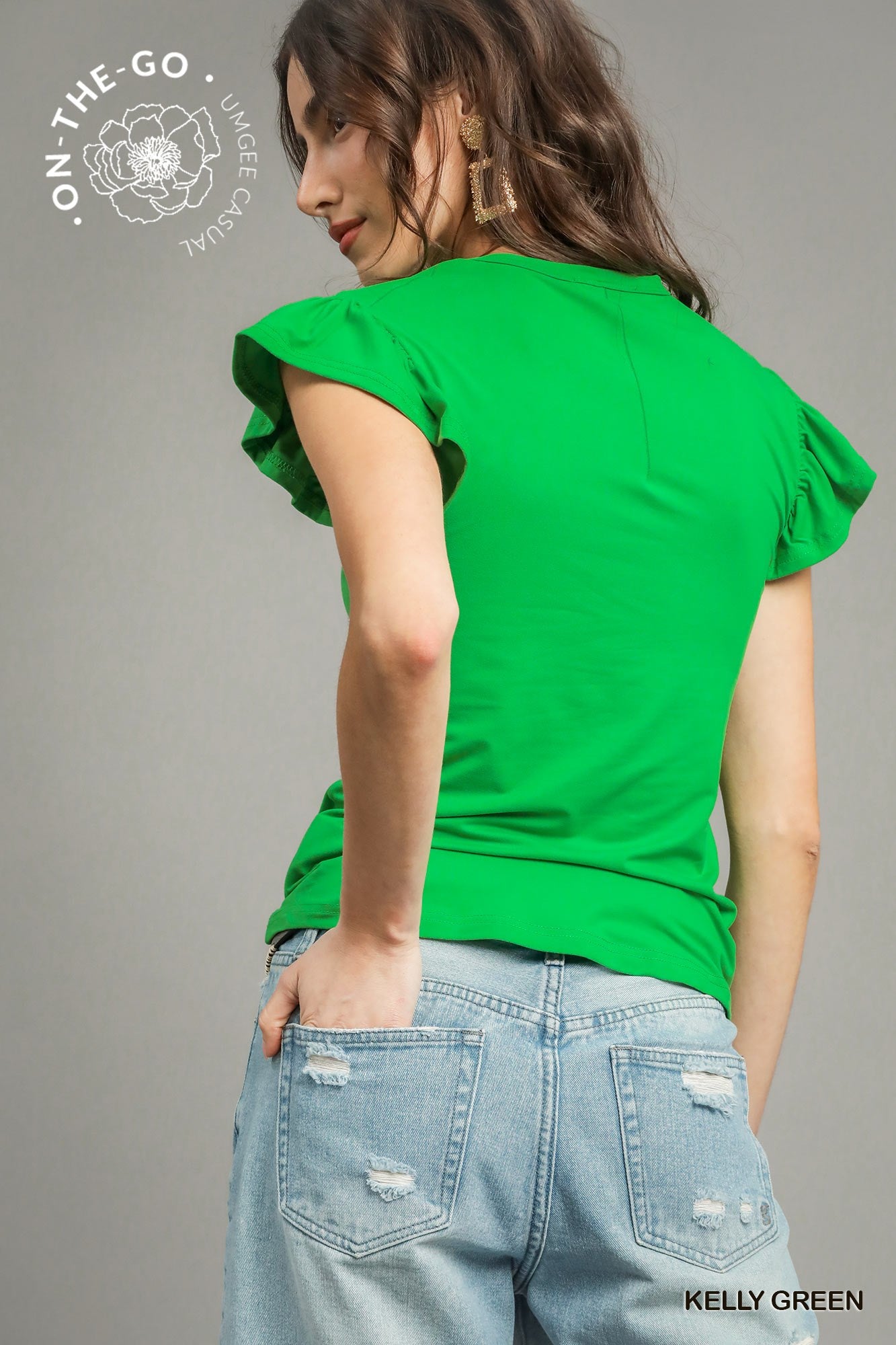 Umgee Essential Ruffle Sleeve Tee Green