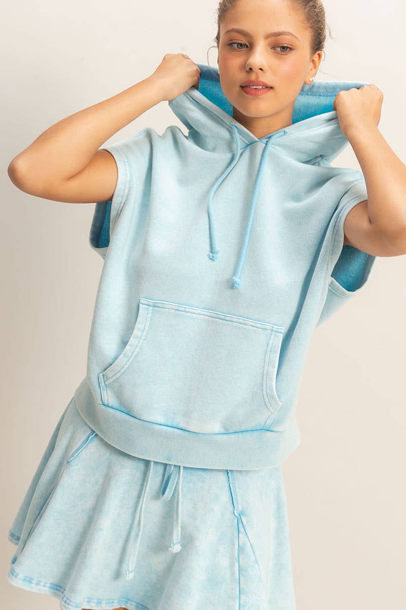 Acid Washed Sleeveless Hooded Kangaroo Pocket Top