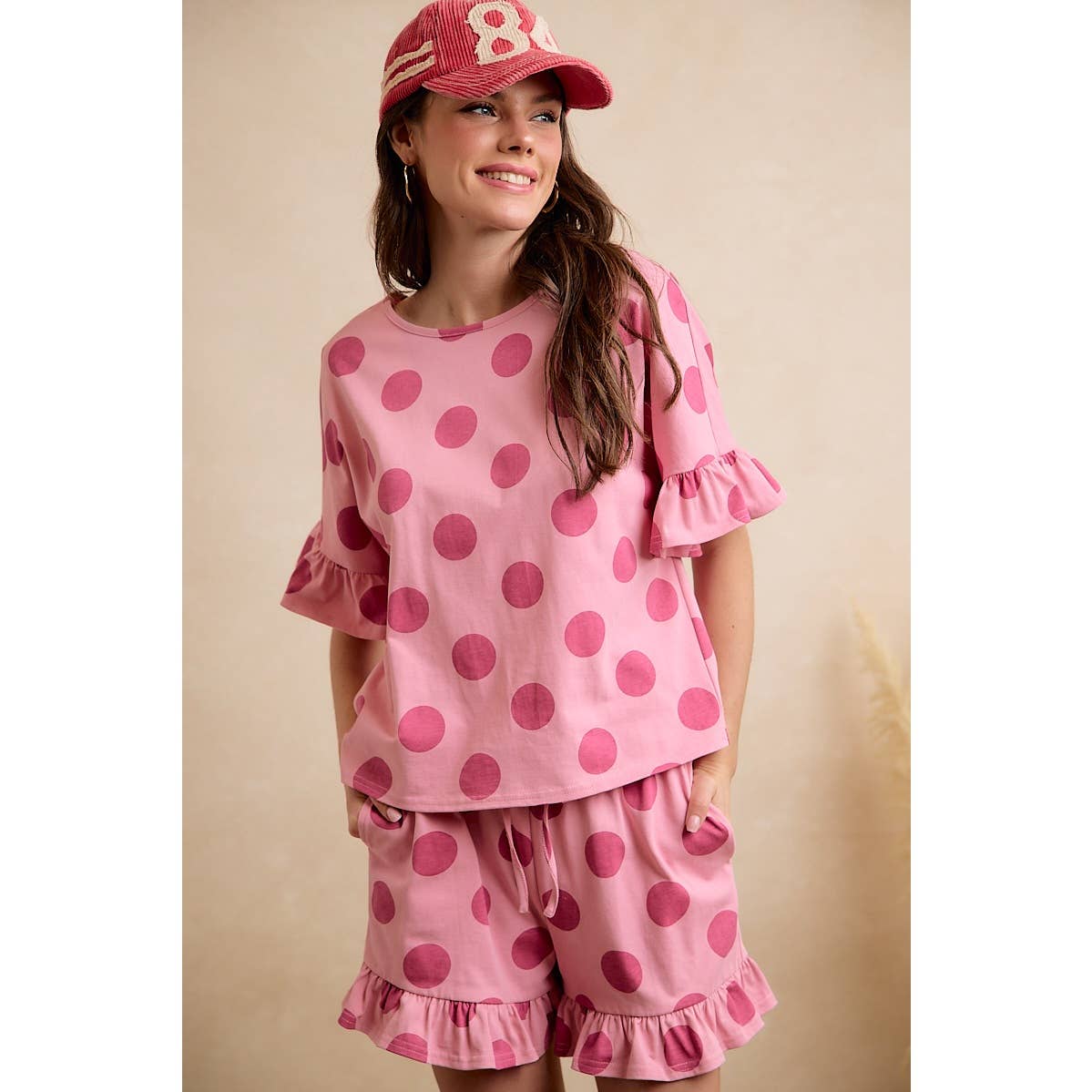 BiBi POLKA DOTS PRINTED RUFFLED DETAIL TOP AND SHORTS SET