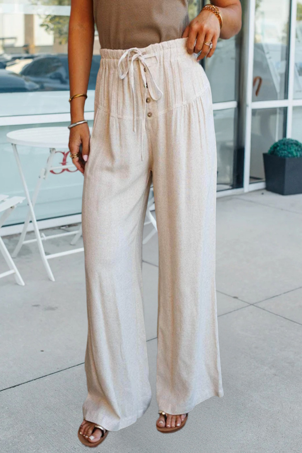 Elastic Waist Button Pleated Detail Wide Leg Pants (S-XL)