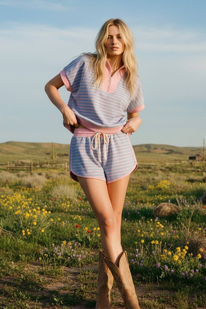 HALF ZIP UP STRIPED TOP AND SHORTS SETS