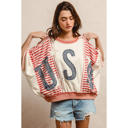 WASHED DENIM USA PATCHWORK STRIPES MIX TOP