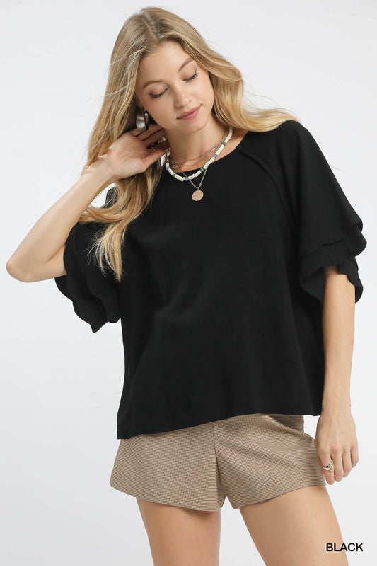 Umgee Linen Raglan Sleebe Top in Black