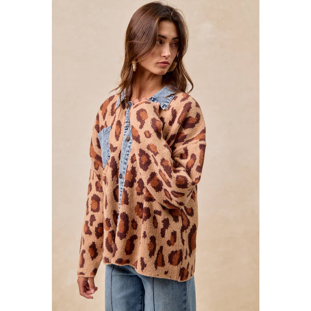 WASHED DENIM MIX AND MATCH LEOPARD SWEATER TOP