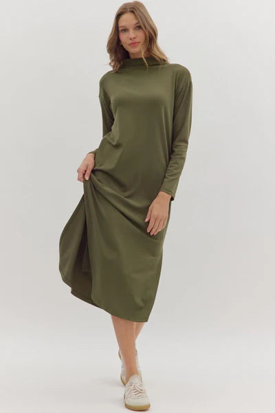 Entro Mock Neck Shift Midi Dress in Olive