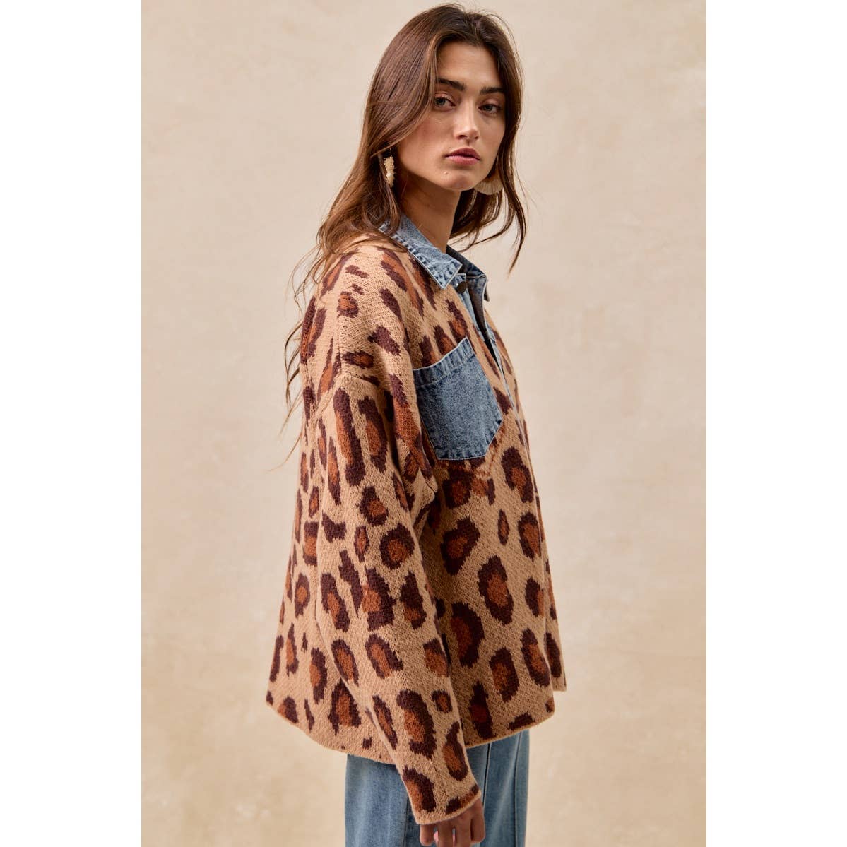 WASHED DENIM MIX AND MATCH LEOPARD SWEATER TOP
