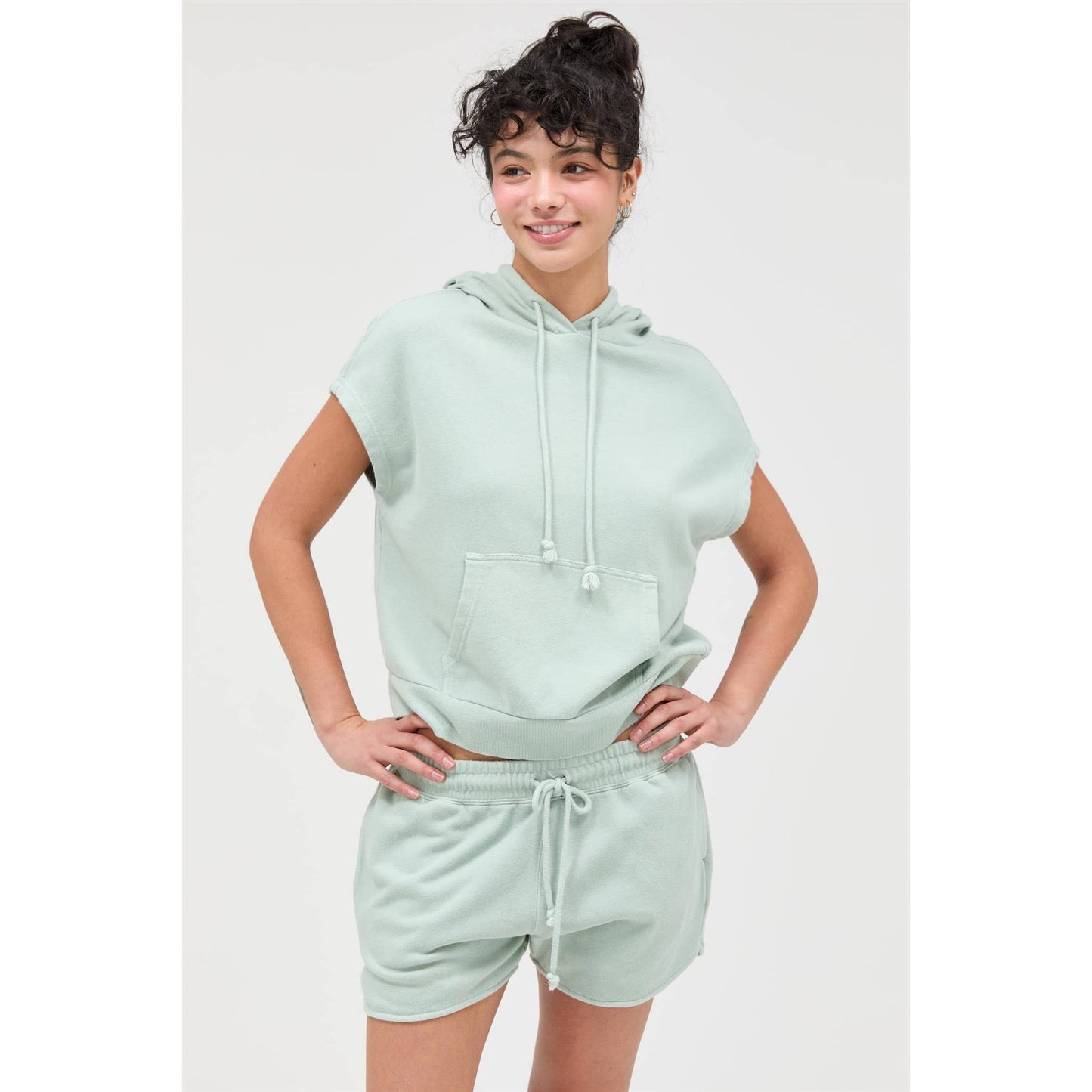 Acid Washed Sleeveless Hooded Kangaroo Pocket Top