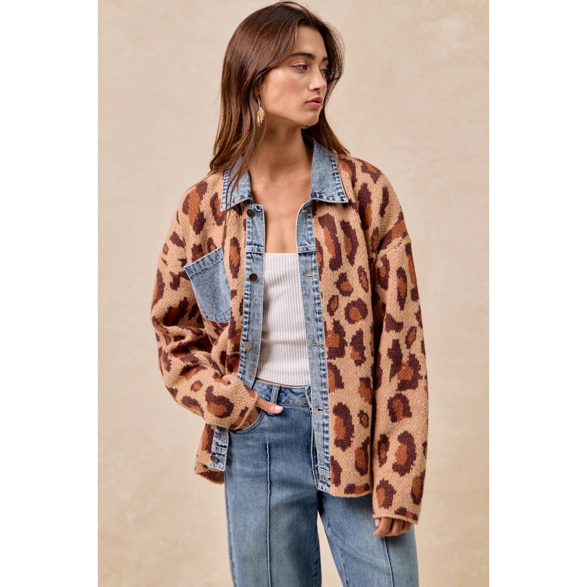 WASHED DENIM MIX AND MATCH LEOPARD SWEATER TOP