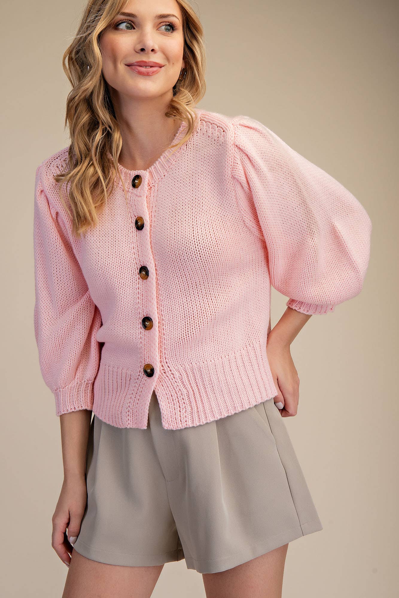 Glam Short Puff Sleeve Button Down Sweater Pink