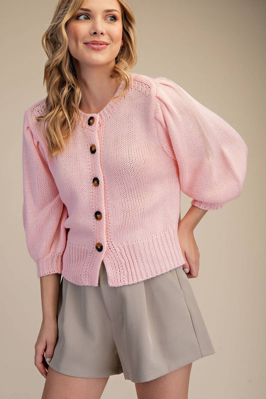 Glam Short Puff Sleeve Button Down Sweater Pink