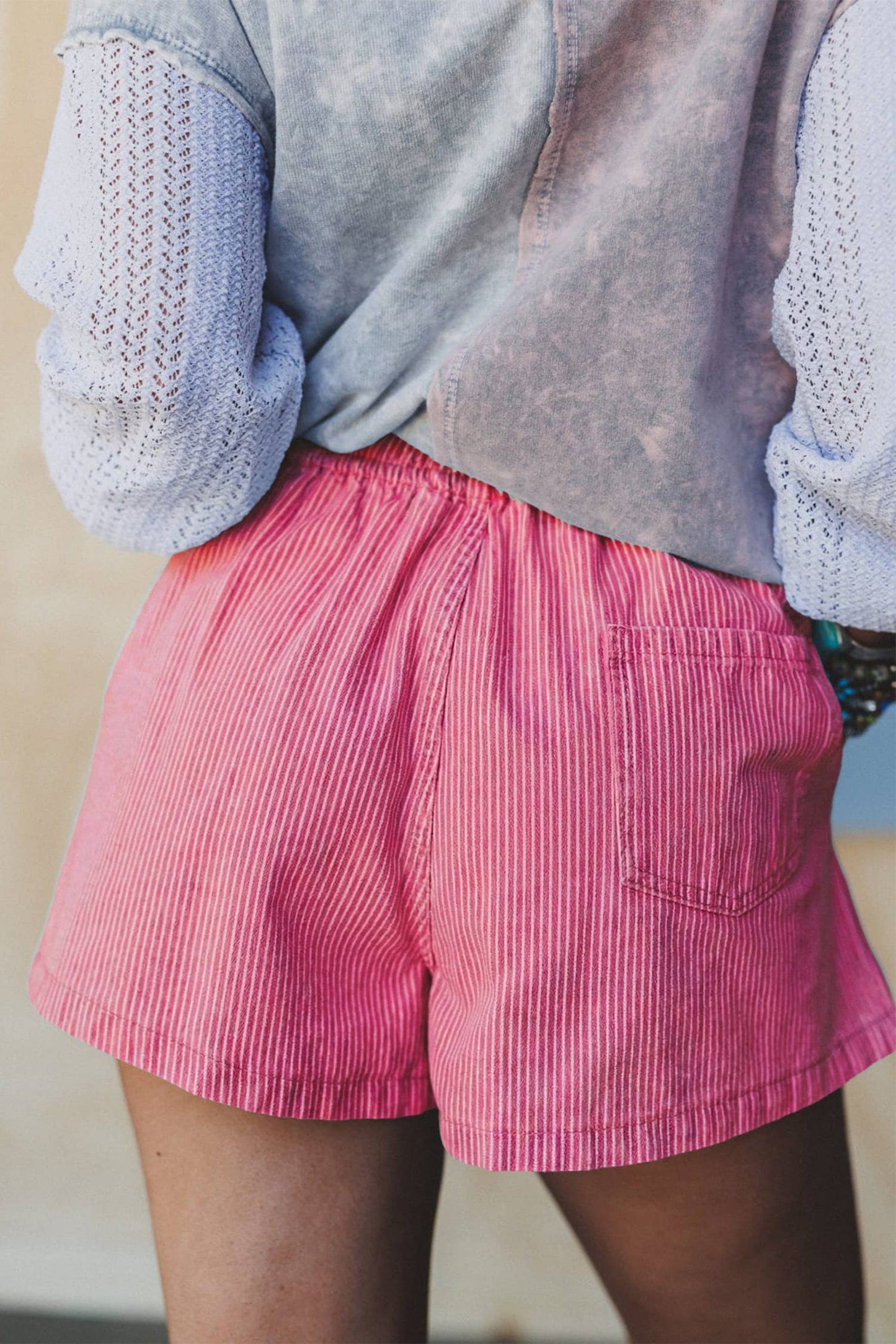 Stripe Elastic Waist Casual Denim Shorts