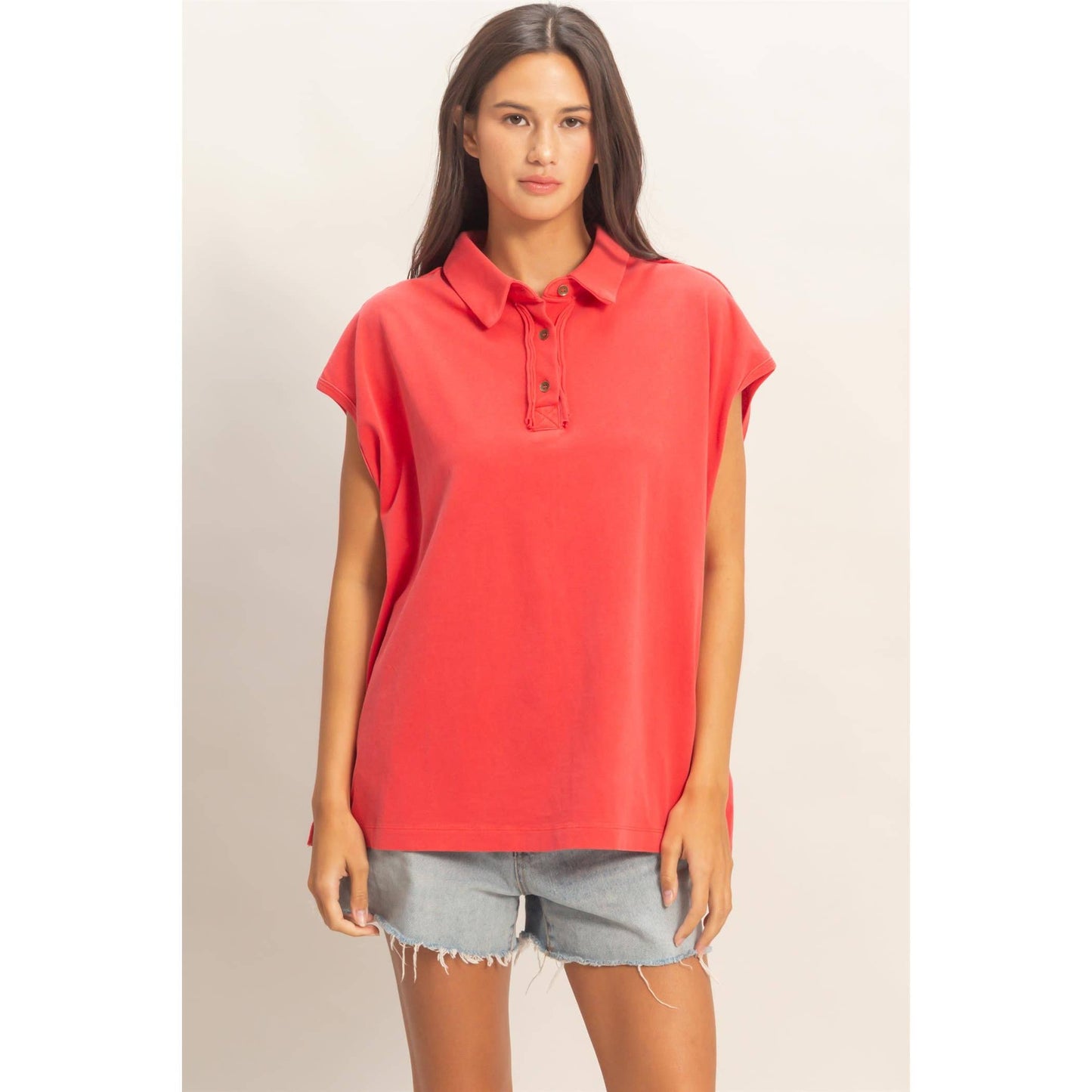Double Zero Pigment Dye Sleeveless Polo Oversized Top