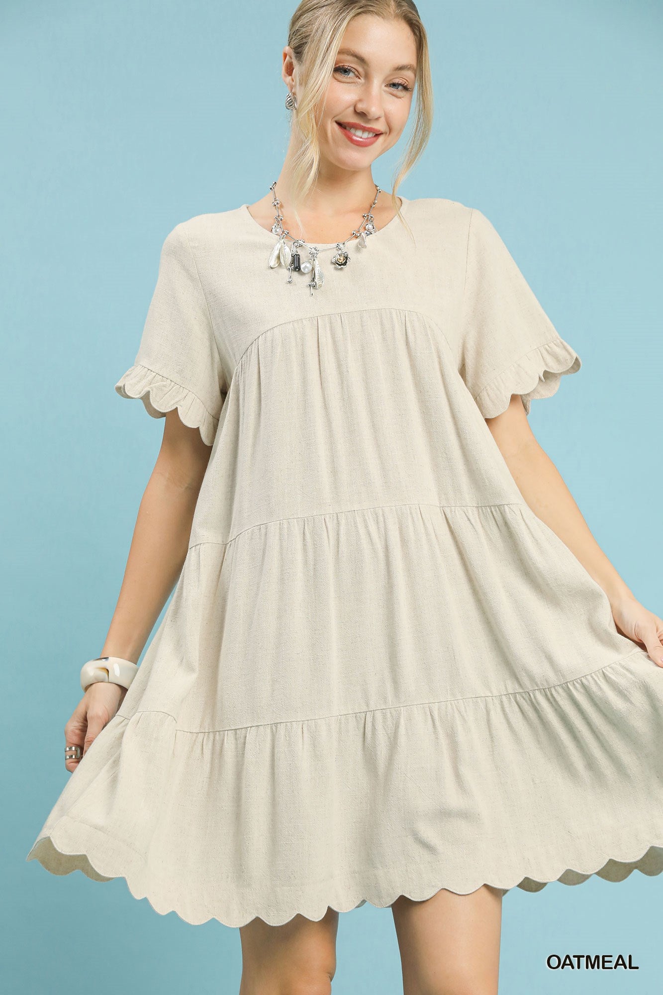 Umgee Linen Tiered Babydoll Dress with Ruffle Sleeves in Oatmeal