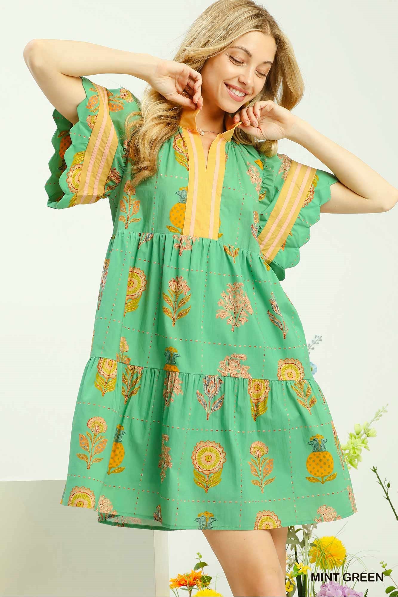 Umgee Printed Scalloped Mini Dress in Green