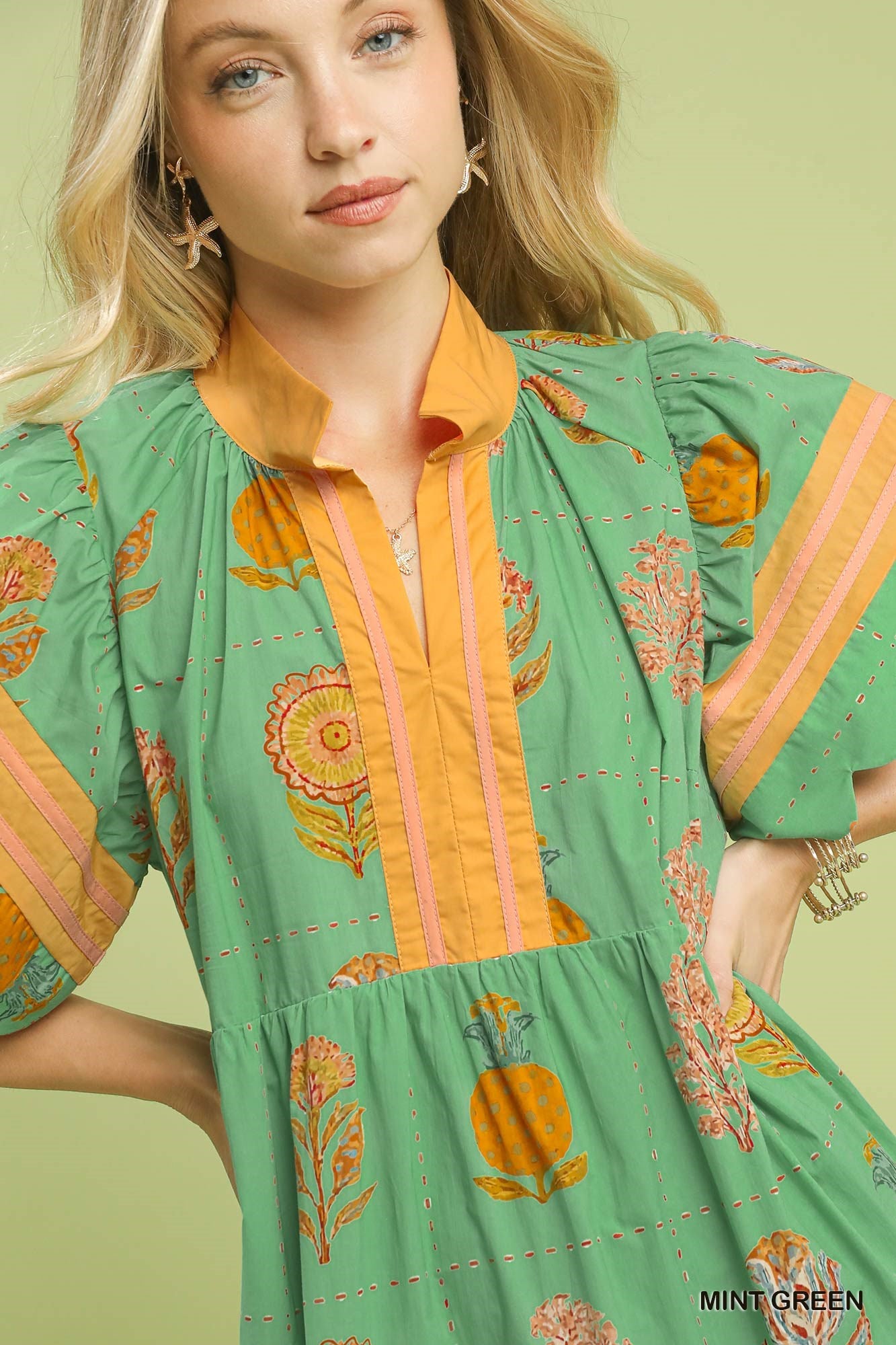 Umgee Printed Scalloped Mini Dress in Green