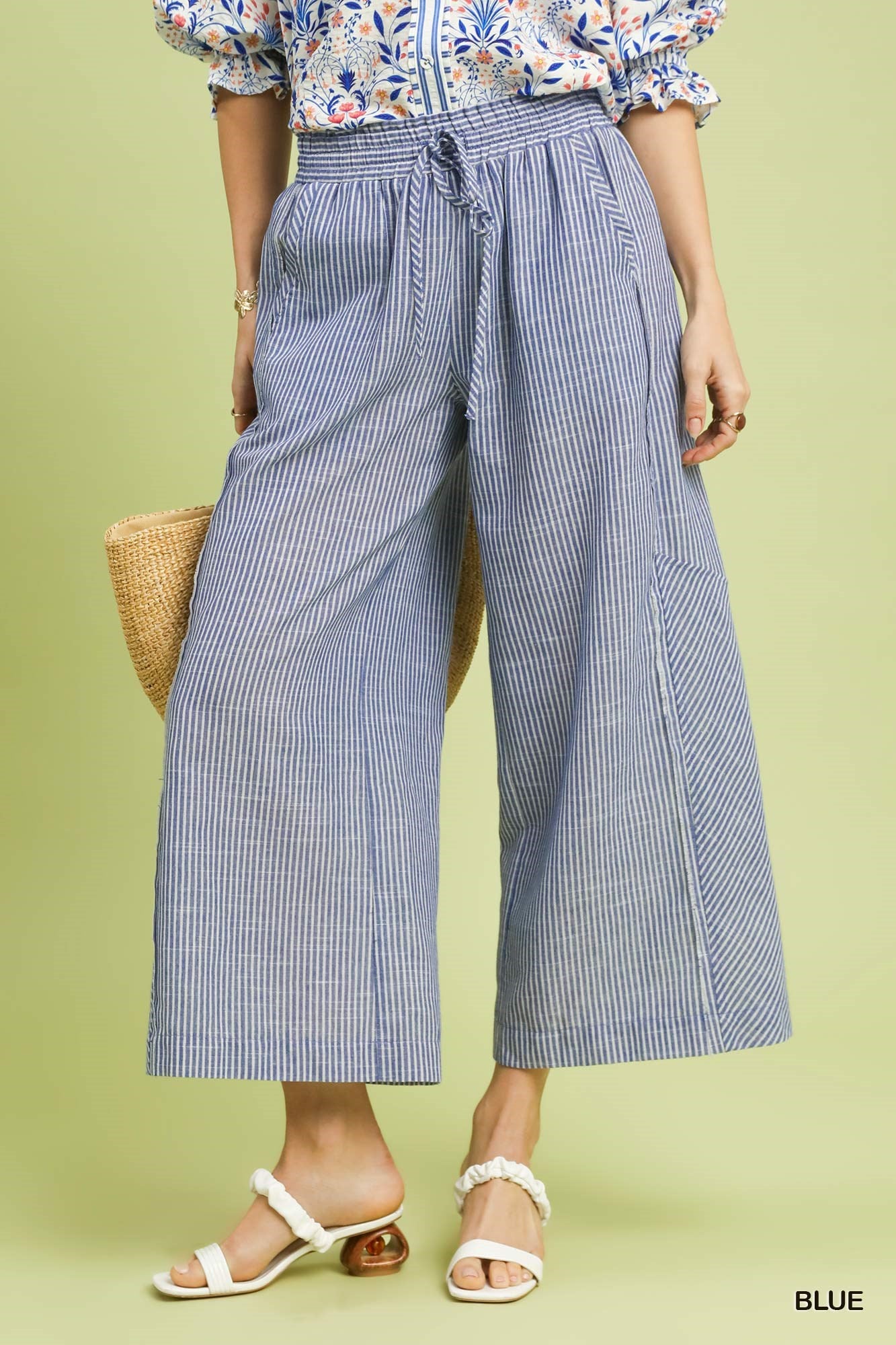 Umgee Linen Blend Sriped Wide Leg Pants in Blue