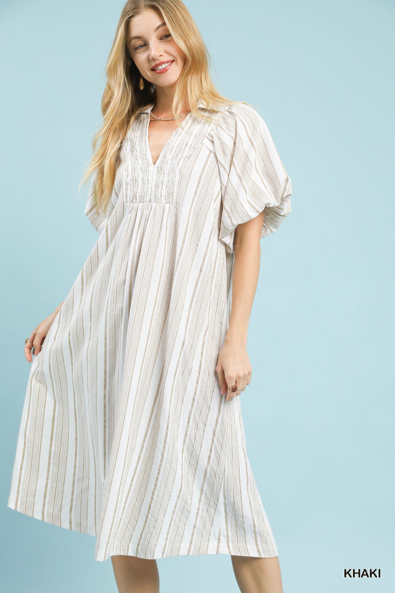 Umgee Striped Smocked V-Neck Midi Dress