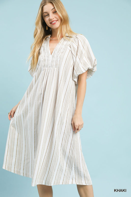 Umgee Striped Smocked V-Neck Midi Dress