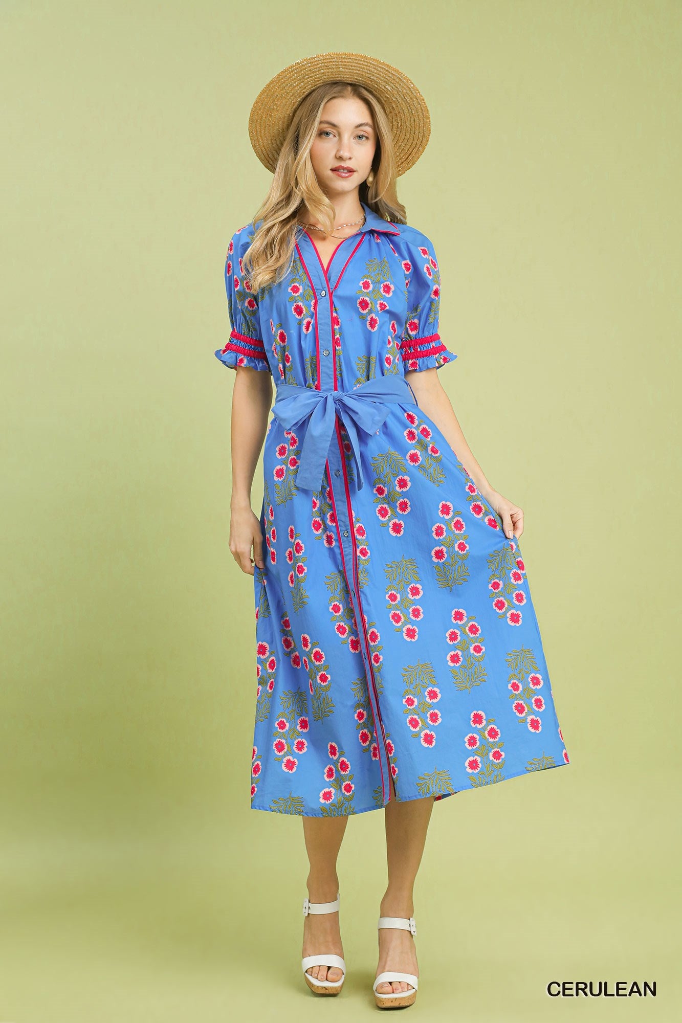 Umgee Floral Button-Down Midi Dress with Waist Tie