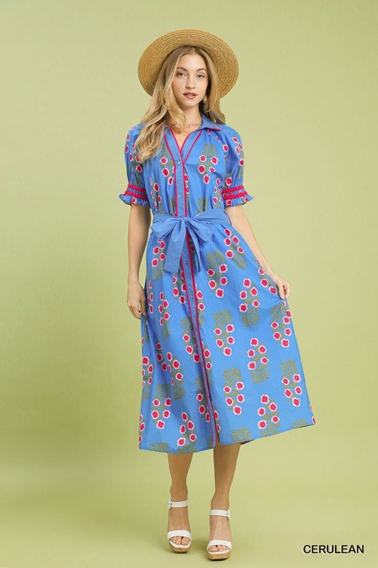 Umgee Floral Button-Down Midi Dress with Waist Tie