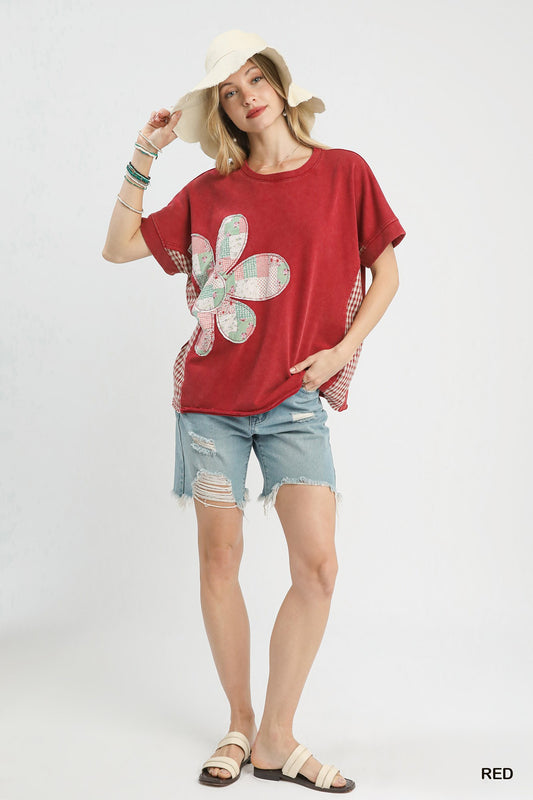 Umgee Red Mineral Wash French Terry Top Flower Patch