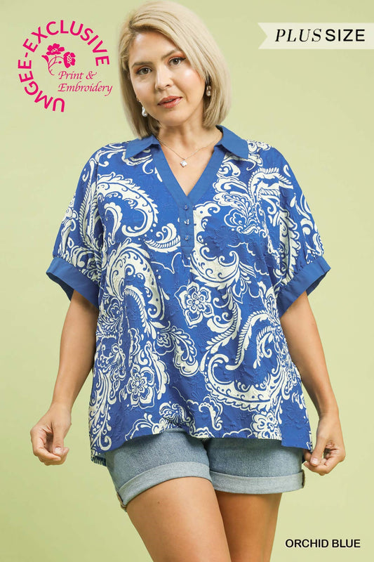 Umgee Paisley Button-Up Collared Top Plus Size