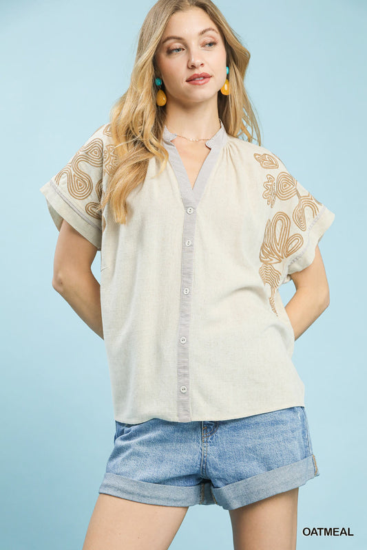 Umgee Embroidered Button Front Top in Taupe
