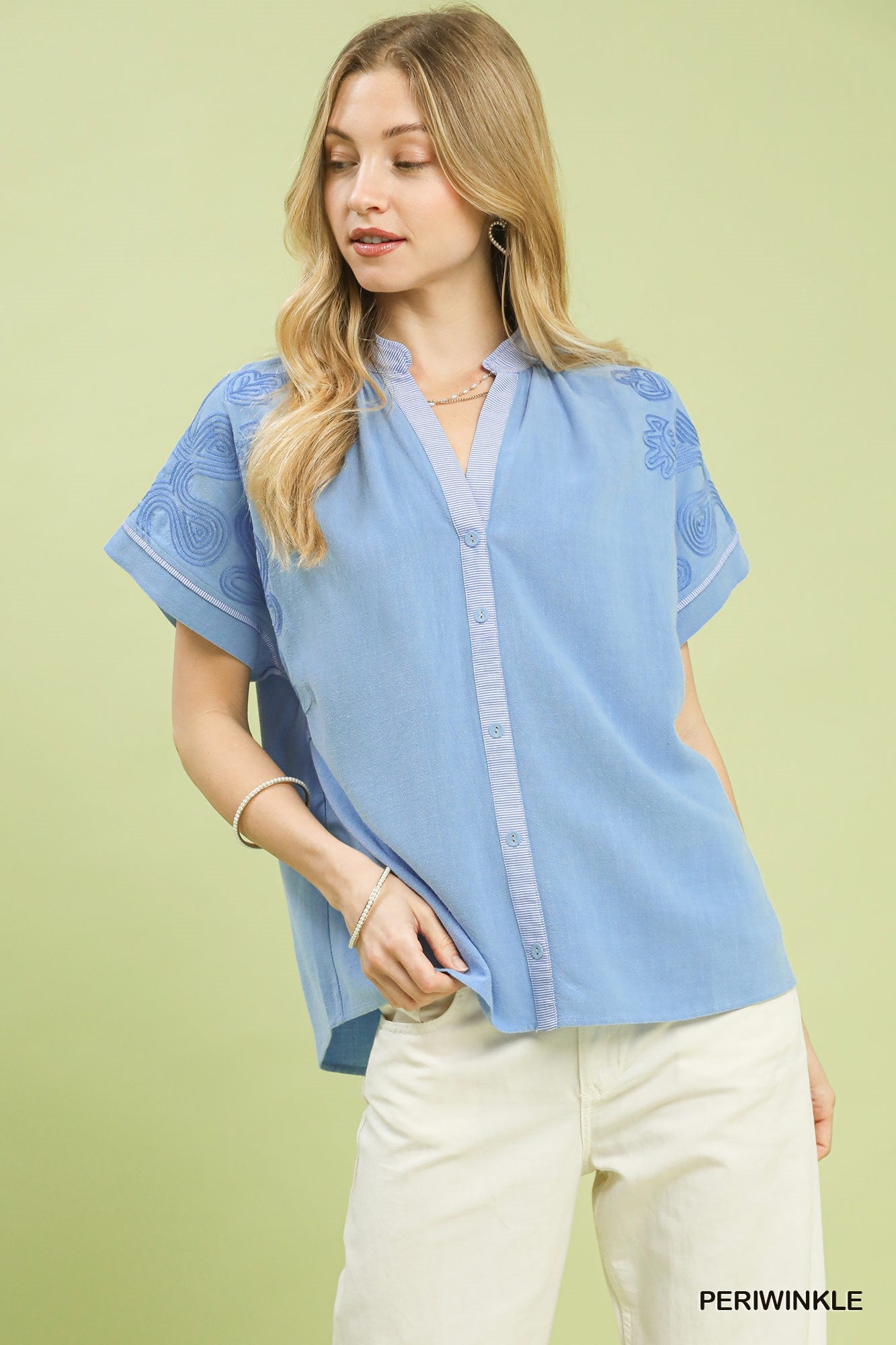 Umgee Embroidered Button Front Top - Periwinkle