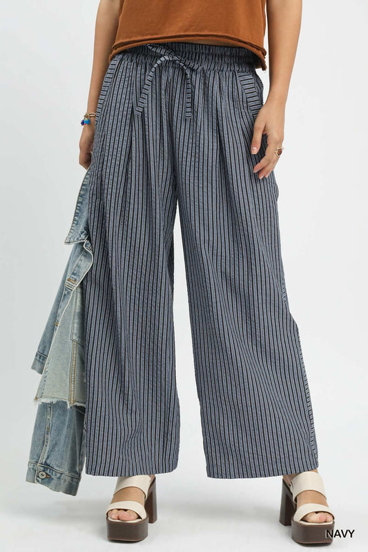 Umgee Striped Wide-Leg Pants in Navy