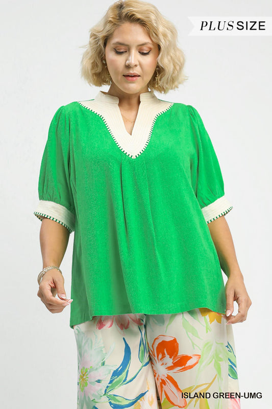 Umgee Linen Blend Contrast Trim Top in Green Plus