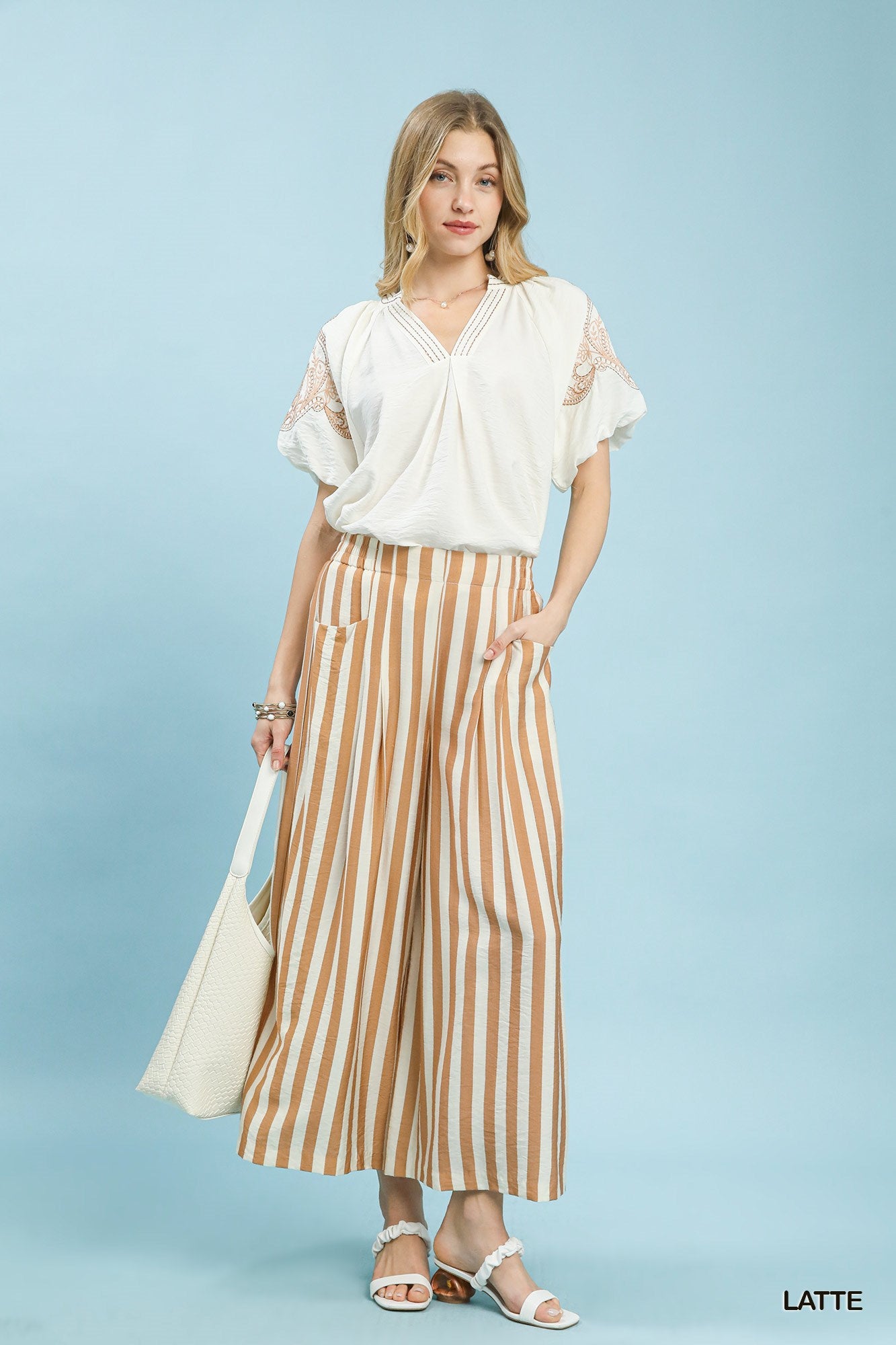 Umgee Stripe Wide Leg Pants in Latte